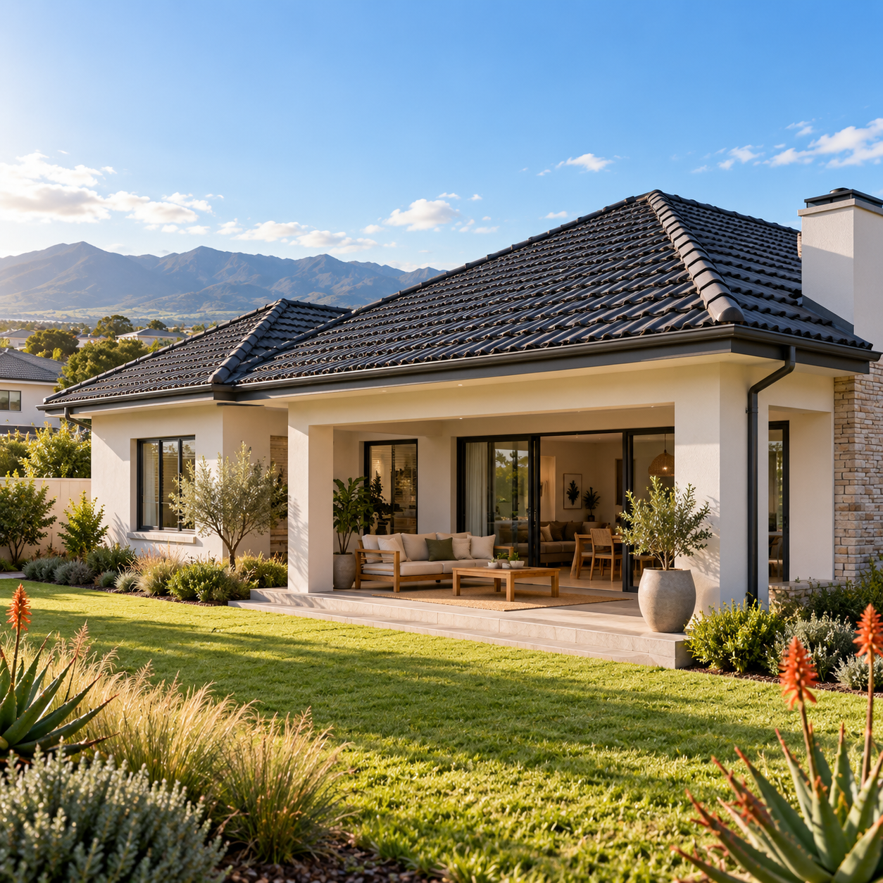 Modern family home with a charcoal tiled roof, veranda and landscaped garden.