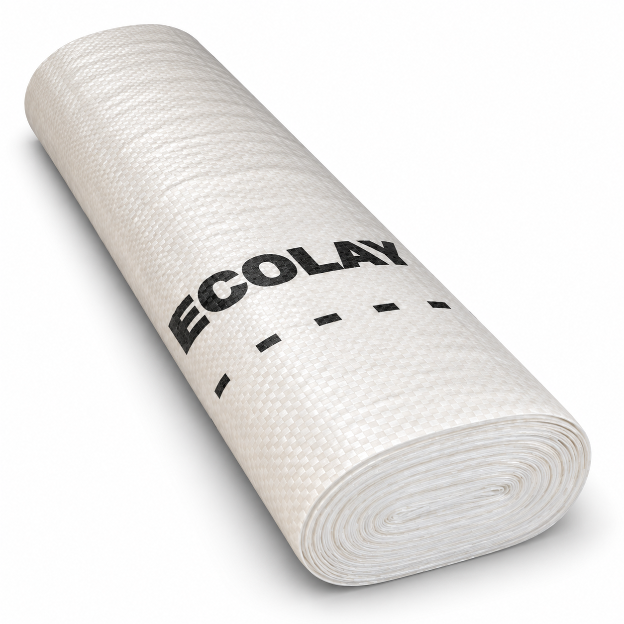 Neatly wound off-white Ecolay woven undertile membrane roll with black branding on a white background.