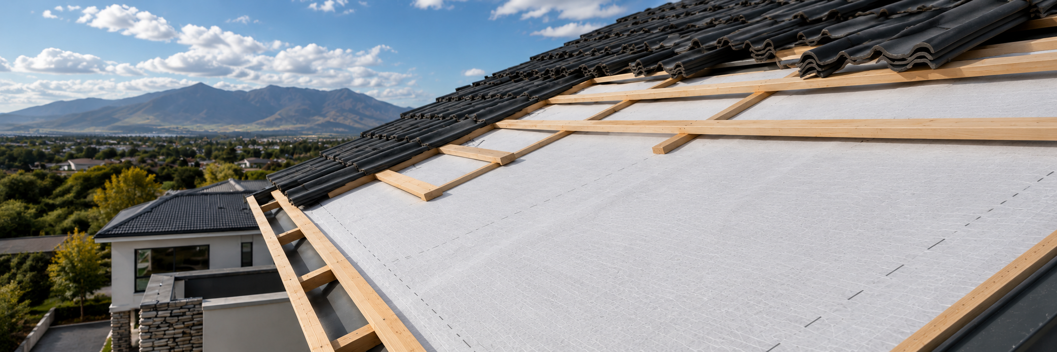 Off-white undertile membrane beneath timber battens and charcoal roof tiles on a pitched roof.